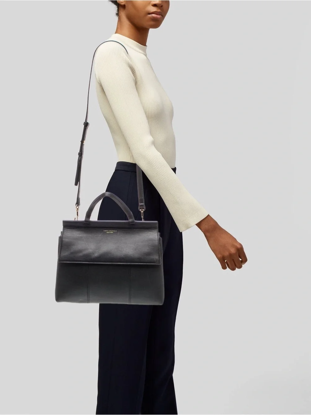TORY BURCH Black Smooth Leather Block T Satchel Bag With Strap